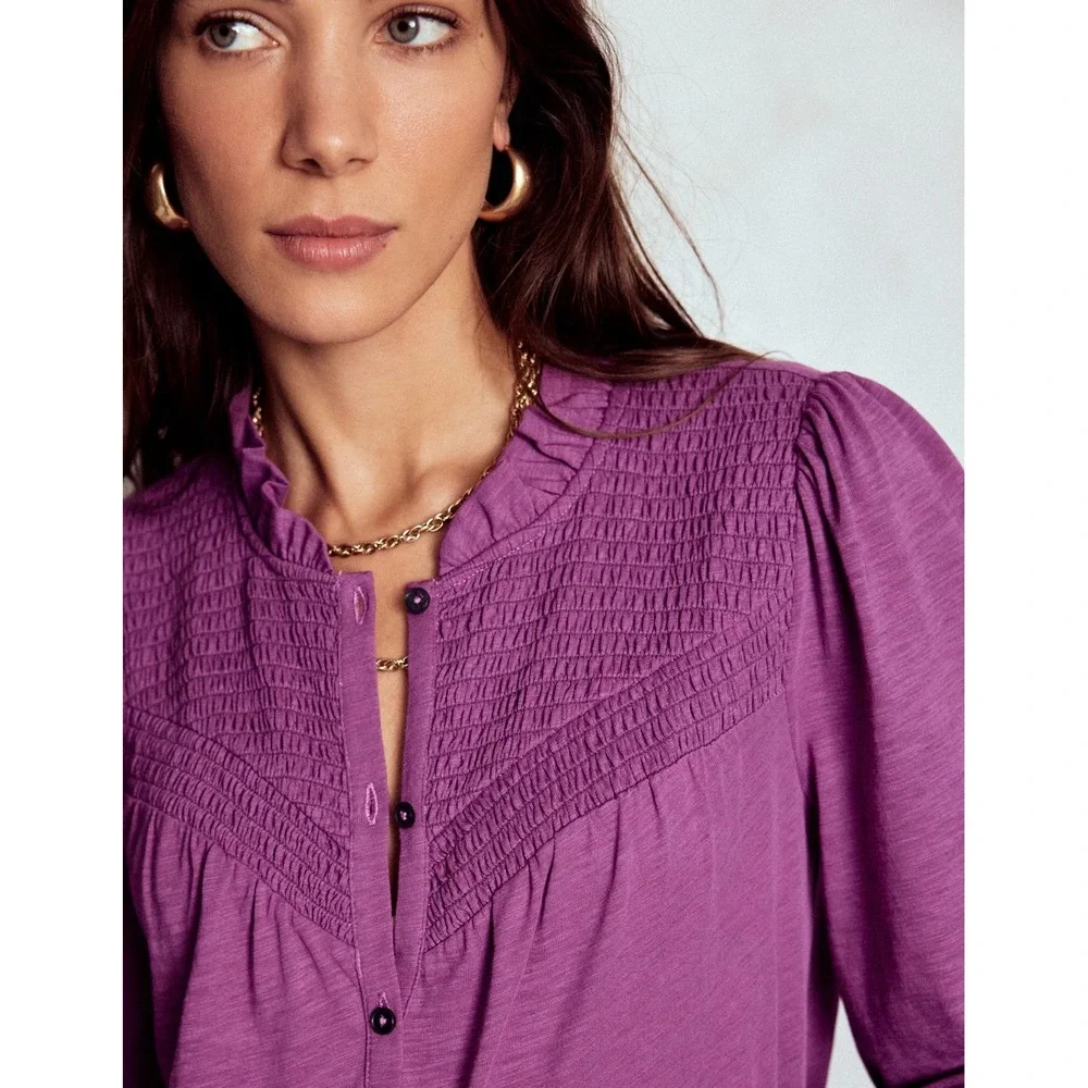 Boden Womens Purple Smocked Yoke Ruffle Button Front Blouse Top US 4 Modal Blend